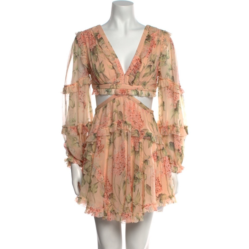 Fiona Dress Pink Blossom Chiffon Floral deep V-neck cutouts ruffle long sleeve S